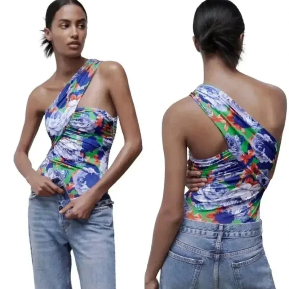 Zara Bodysuit‎ Floral Asymmetrical One Shoulder Green Size Small